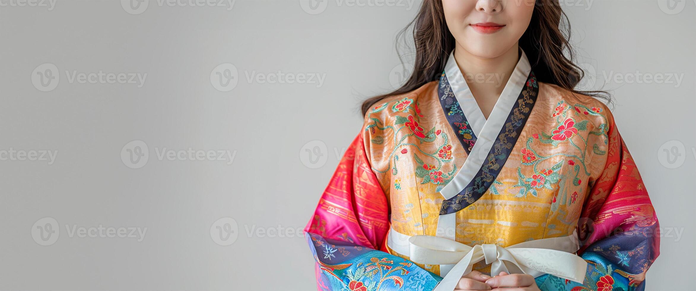 Woman in traditional dress, hands together, white backdrop photo