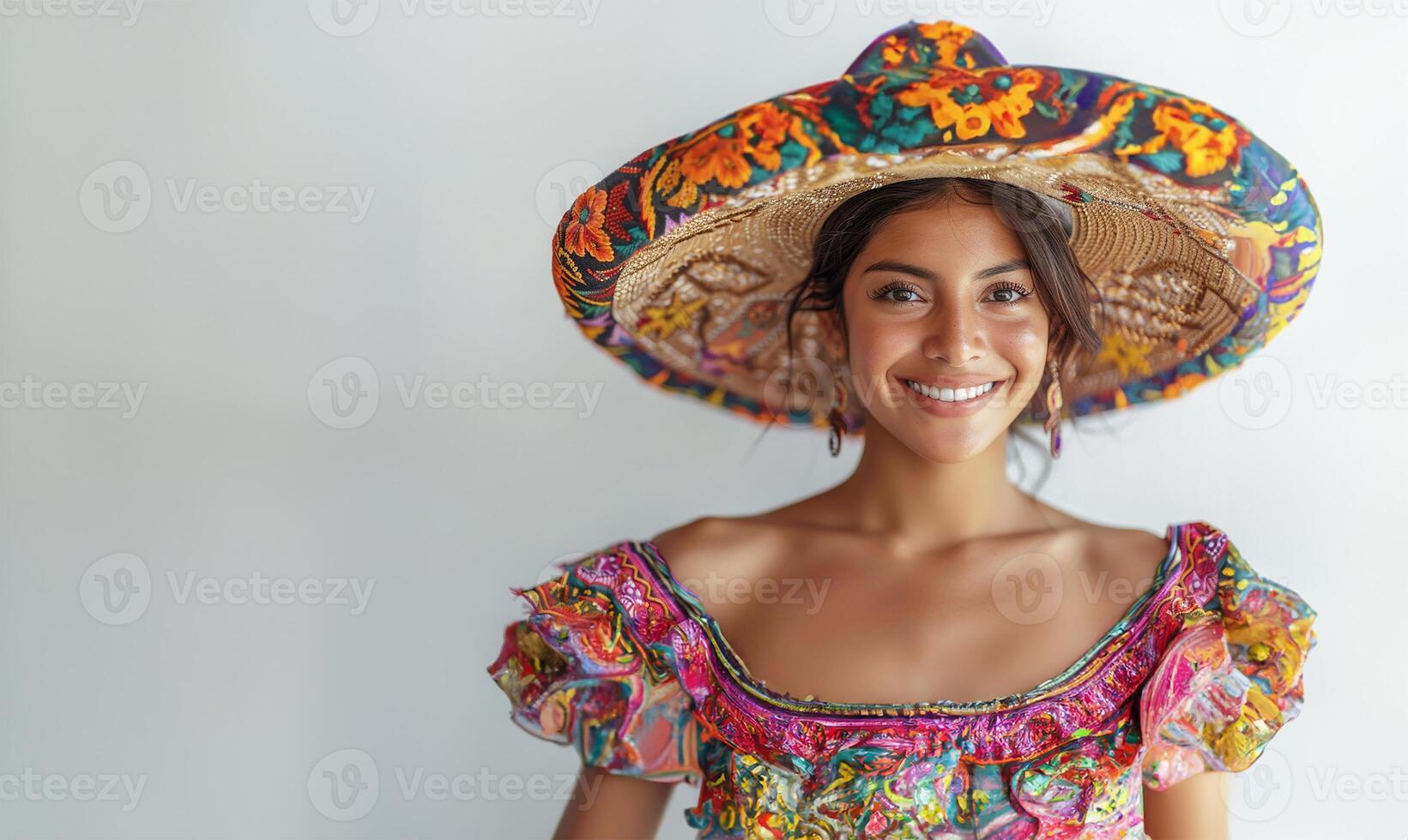 Cheerful Mexican lady in traditional dress and hat photo