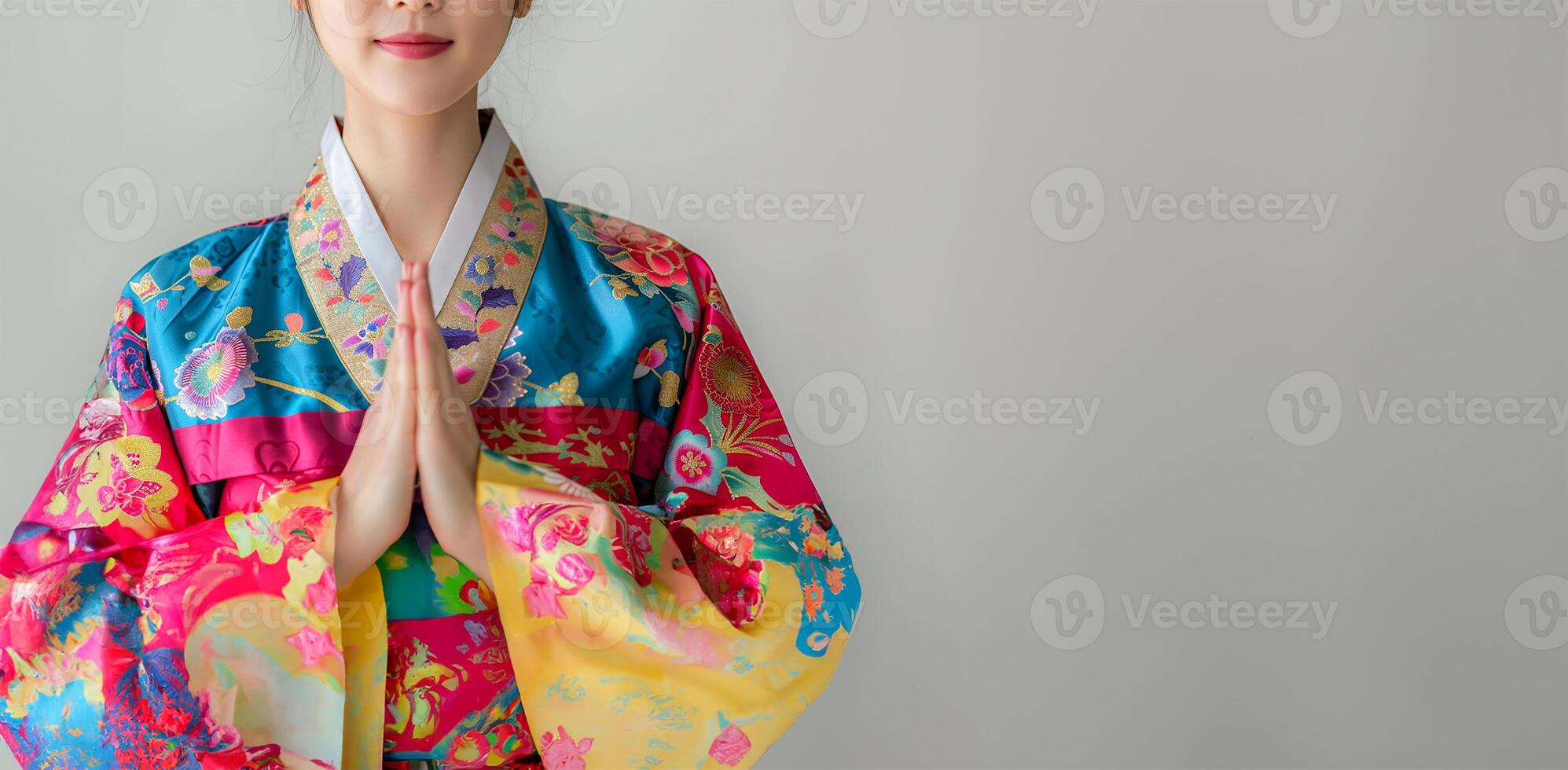 Woman in traditional dress, hands together, white backdrop photo
