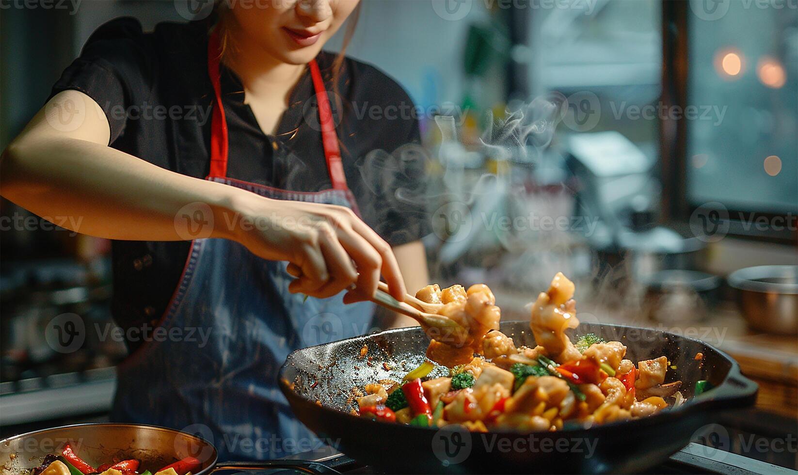 Chef creating healthy vegetarian meal, closeup photo