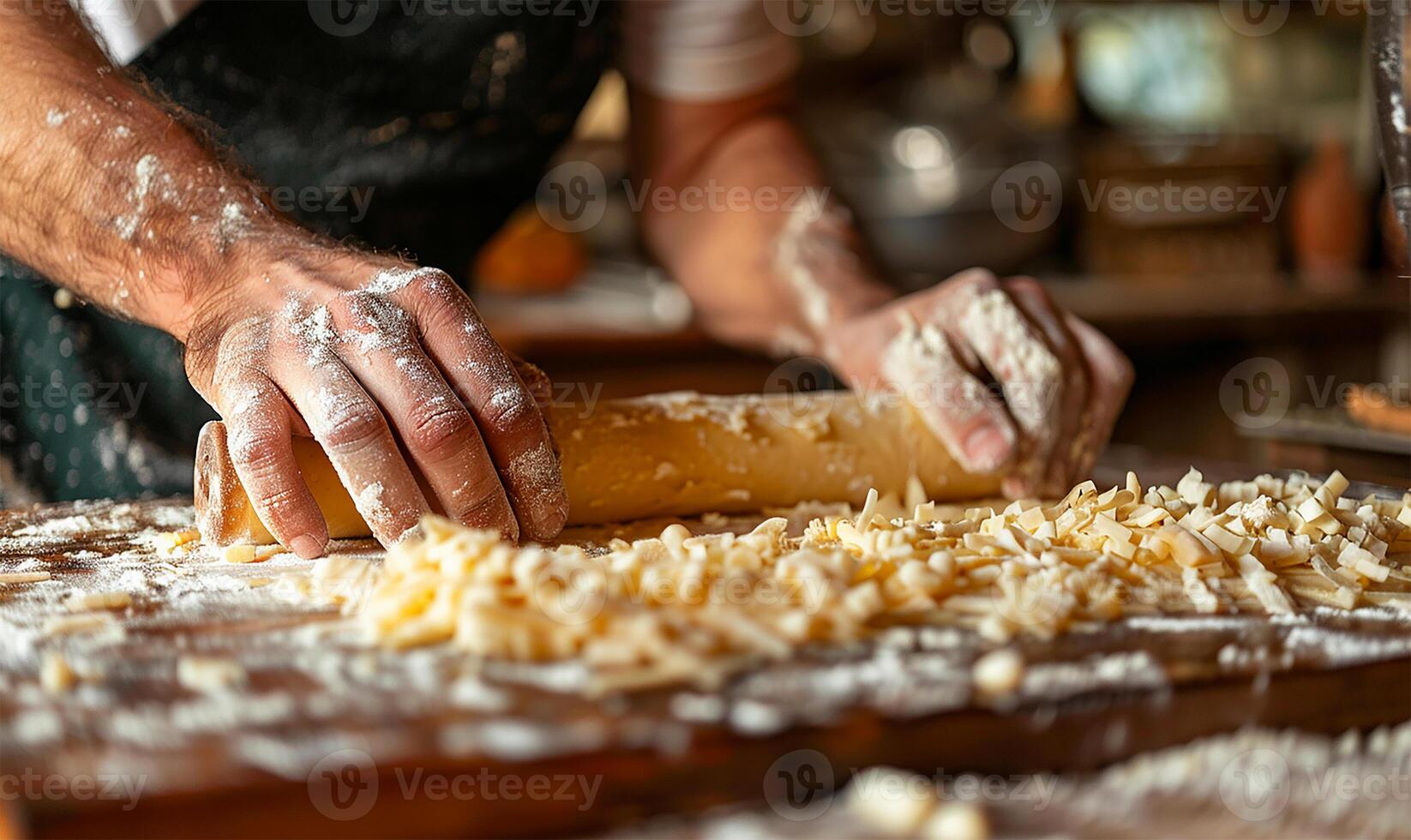 Pastry dough rolling by men, closeup detail photo