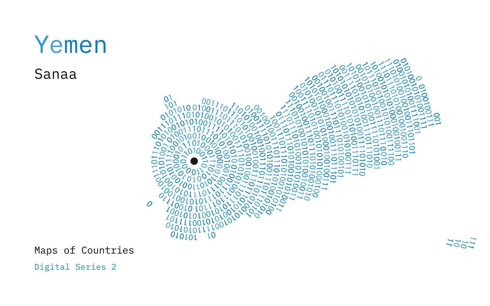 un mapa de Yemen representado en ceros y unos en el formar de un círculo. el capital, sana, es mostrado en el centrar de el circulo vector