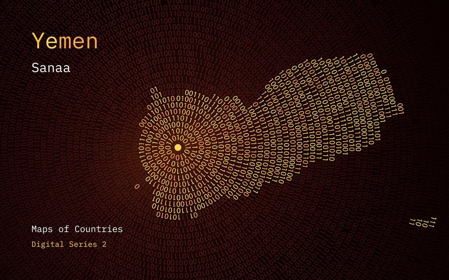 un mapa de Yemen representado en ceros y unos en el formar de un círculo. el capital, sana, es mostrado en el centrar de el circulo vector