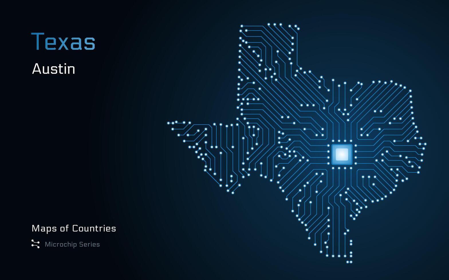 Texas State Map with a capital of Austin Shown in a Microchip Pattern. E-government. vector