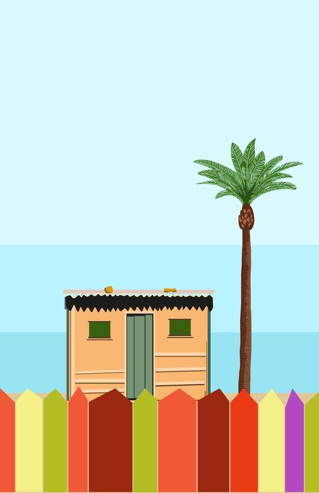 A simple house with a coconut tree beside it And colorful fences vector