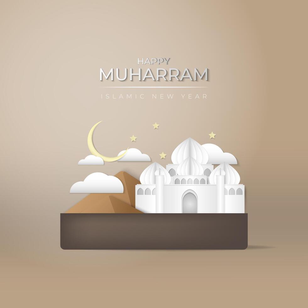 Happy Muharram Islamic new year greeting illustration in papercut style vector