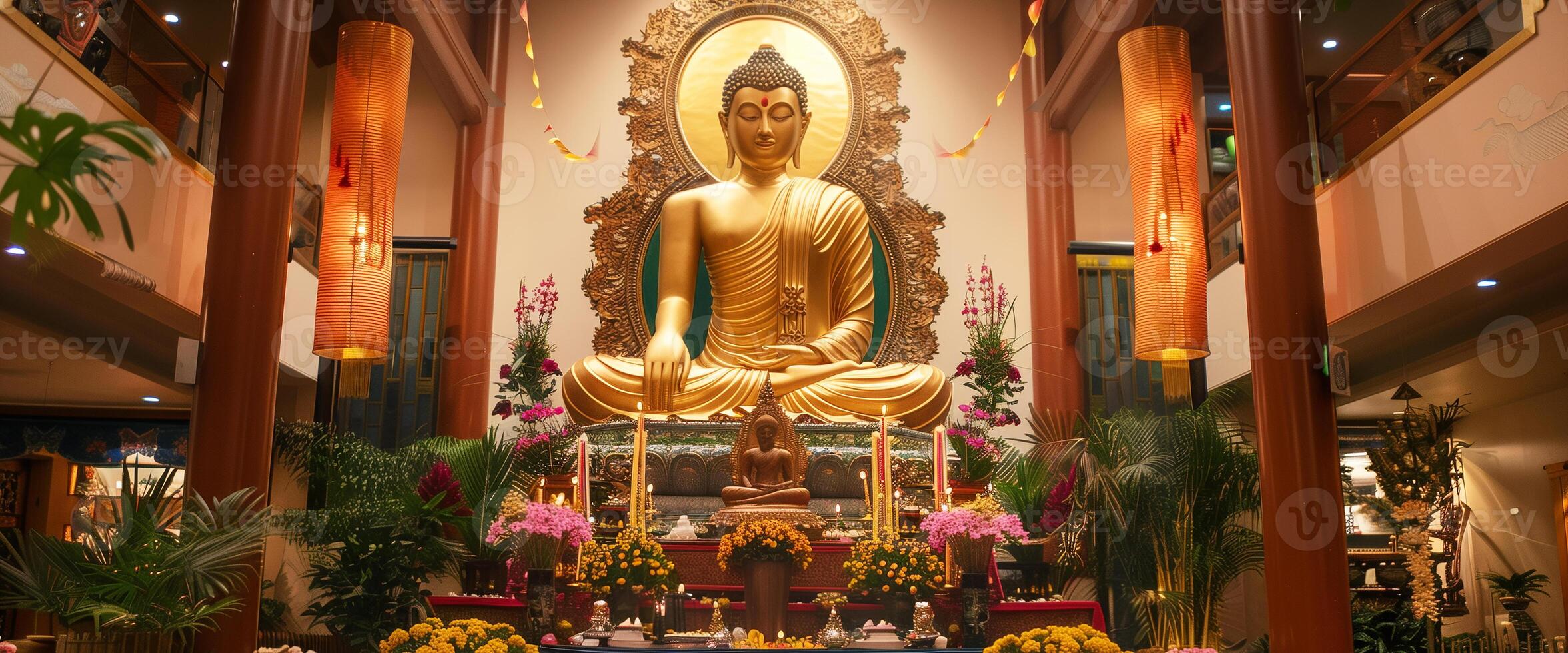 A Buddha statue surrounded by burning candles and flowers. The concept of Happy Vesak Day. Experience the serene beauty of a Buddhist saint. The bokeh effect in the background. photo