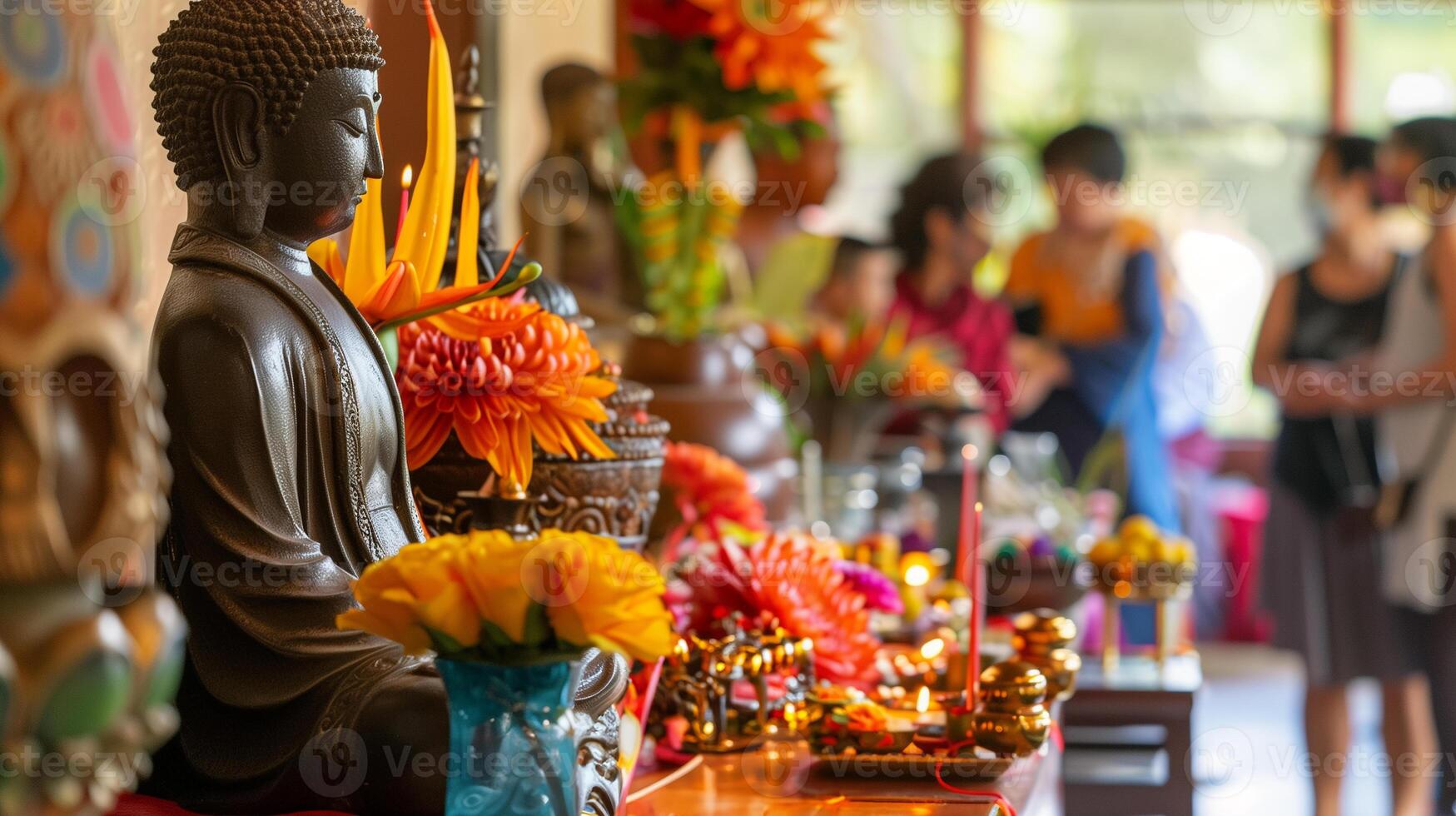 A Buddha statue surrounded by burning candles and flowers. The concept of Happy Vesak Day. Experience the serene beauty of a Buddhist saint. The bokeh effect in the background. photo