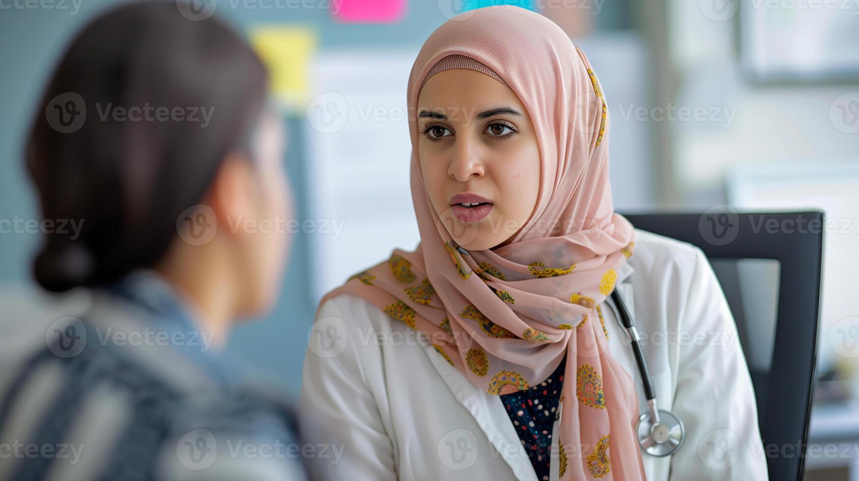 A Muslim woman doctor in a hijab, talking to a patient. Close-up portrait. The concept of medicine, mental health, diversity. Background with a bokeh effect. photo
