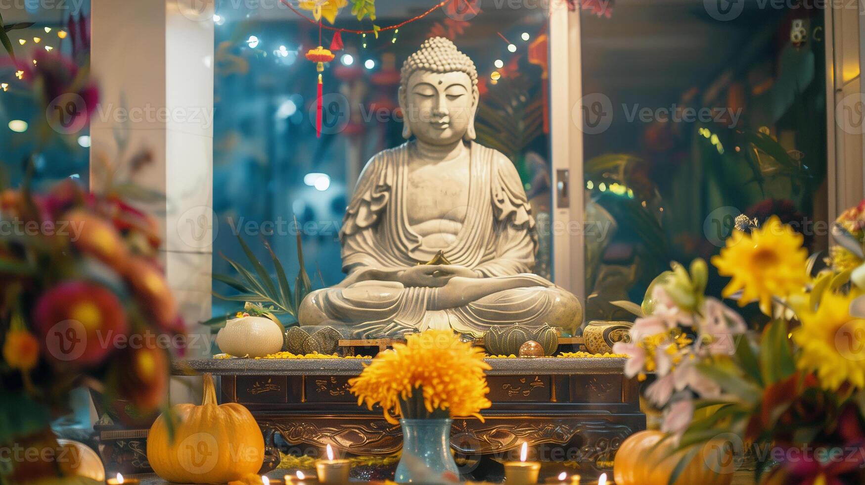 A Buddha statue surrounded by burning candles and flowers. The concept of Happy Vesak Day. Experience the serene beauty of a Buddhist saint. The bokeh effect in the background. photo