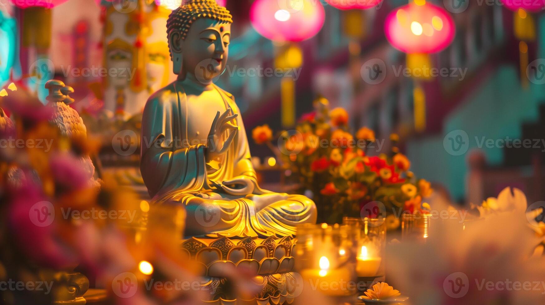 A Buddha statue surrounded by burning candles and flowers. The concept of Happy Vesak Day. Experience the serene beauty of a Buddhist saint. The bokeh effect in the background. photo