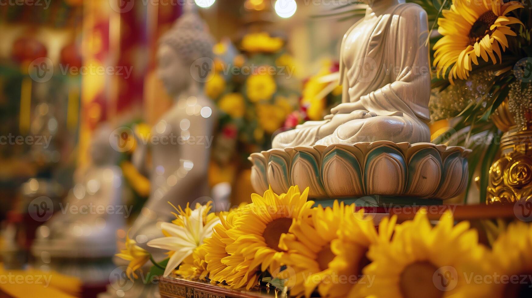 A Buddha statue surrounded by burning candles and flowers. The concept of Happy Vesak Day. Experience the serene beauty of a Buddhist saint. The bokeh effect in the background. photo