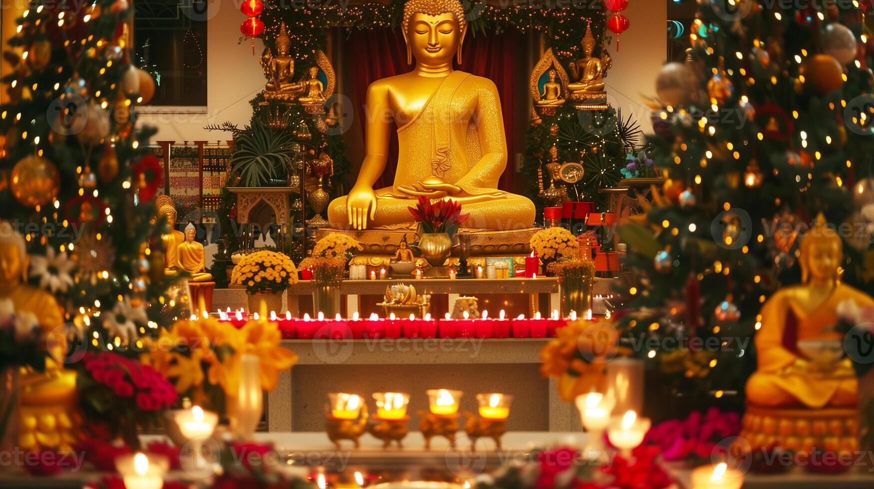 A Buddha statue surrounded by burning candles and flowers. The concept of Happy Vesak Day. Experience the serene beauty of a Buddhist saint. The bokeh effect in the background. photo