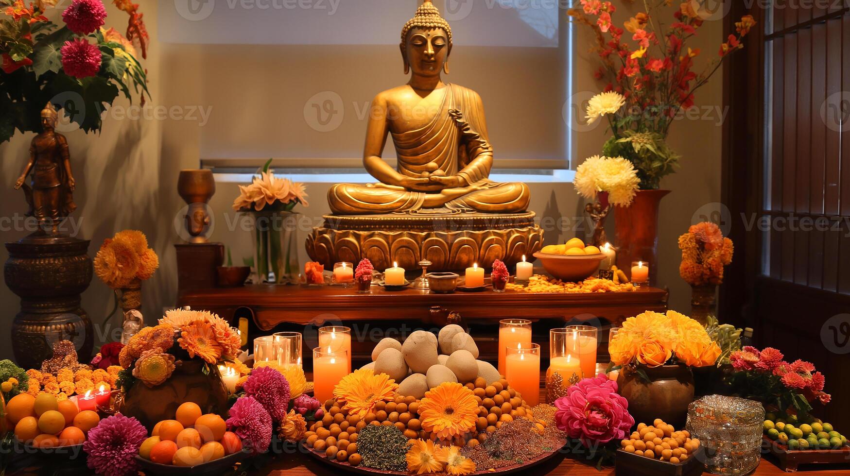 A Buddha statue surrounded by burning candles and flowers. The concept of Happy Vesak Day. Experience the serene beauty of a Buddhist saint. The bokeh effect in the background. photo