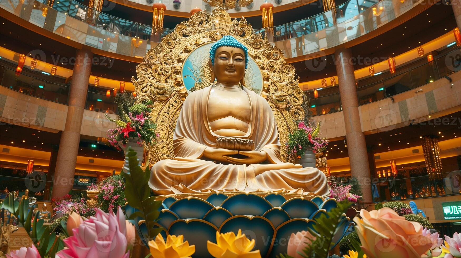 A Buddha statue surrounded by burning candles and flowers. The concept of Happy Vesak Day. Experience the serene beauty of a Buddhist saint. The bokeh effect in the background. photo