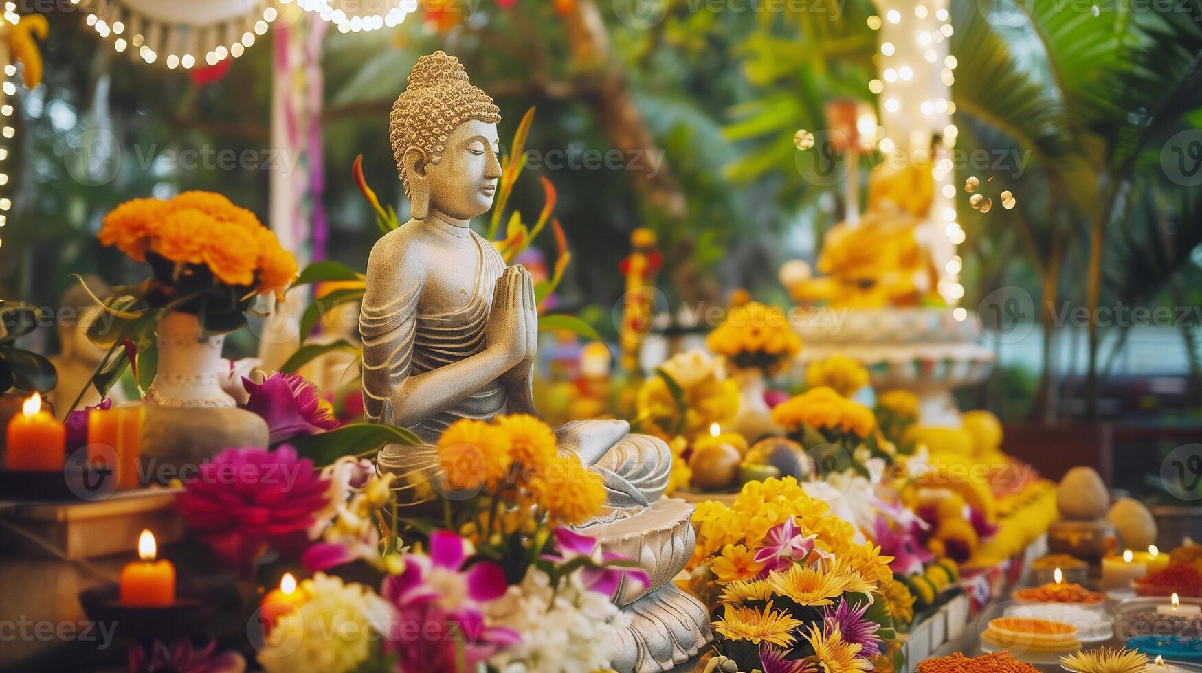 A Buddha statue surrounded by burning candles and flowers. The concept of Happy Vesak Day. Experience the serene beauty of a Buddhist saint. The bokeh effect in the background. photo