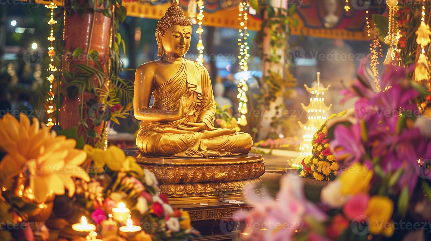 A Buddha statue surrounded by burning candles and flowers. The concept of Happy Vesak Day. Experience the serene beauty of a Buddhist saint. The bokeh effect in the background. photo