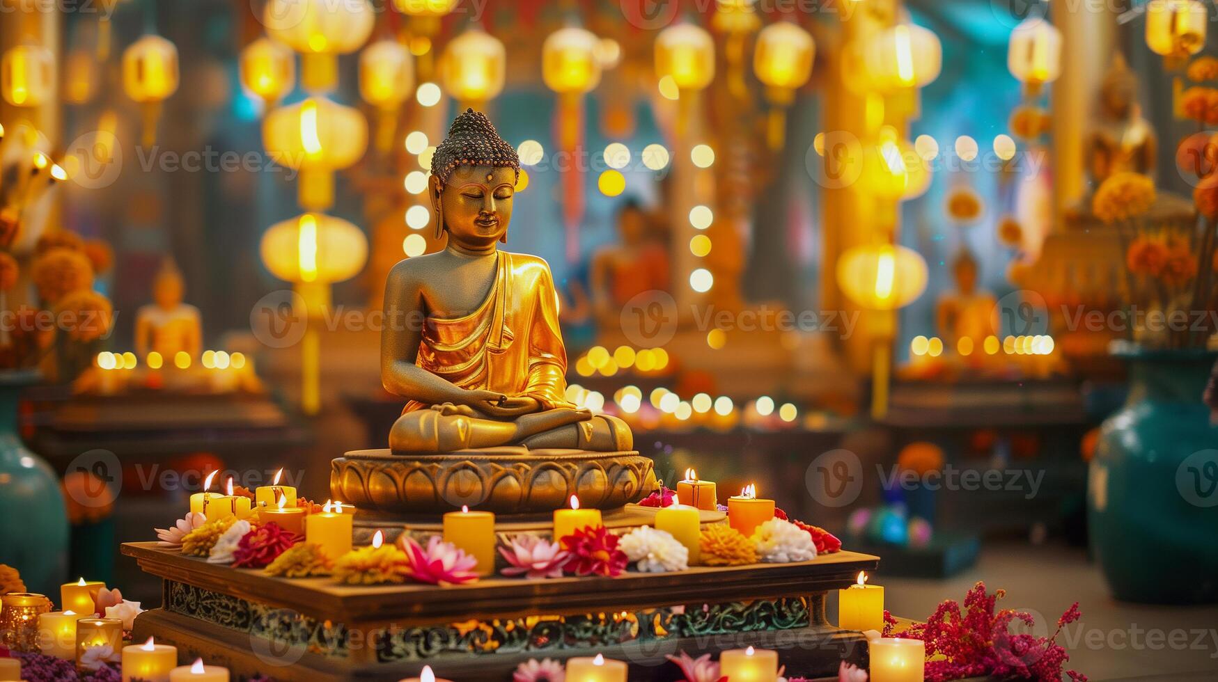 A Buddha statue surrounded by burning candles and flowers. The concept of Happy Vesak Day. Experience the serene beauty of a Buddhist saint. The bokeh effect in the background. photo
