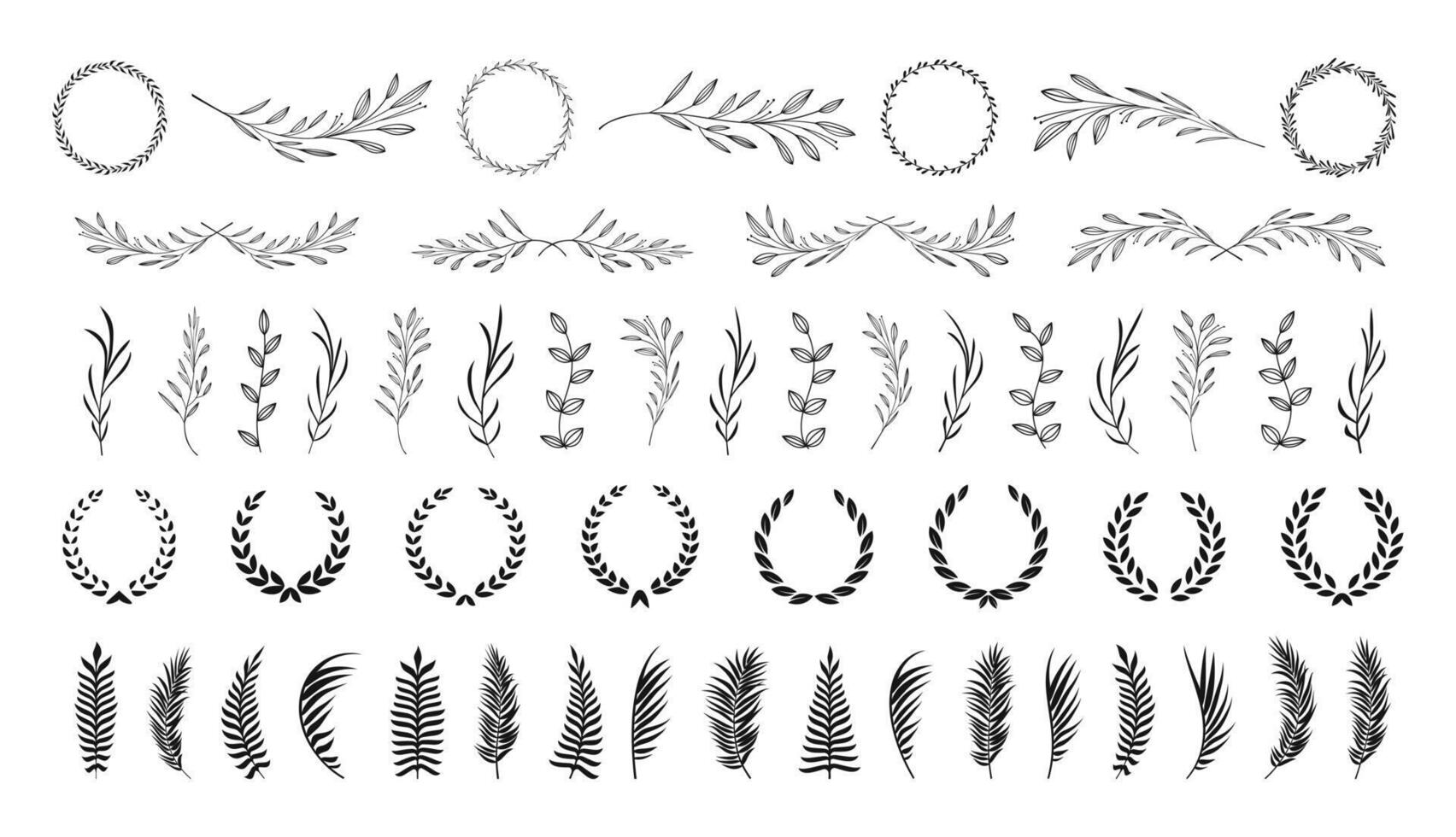 Floral twigs and wreath collection. Beautiful floral elements. Decorative leaves and branches. vector