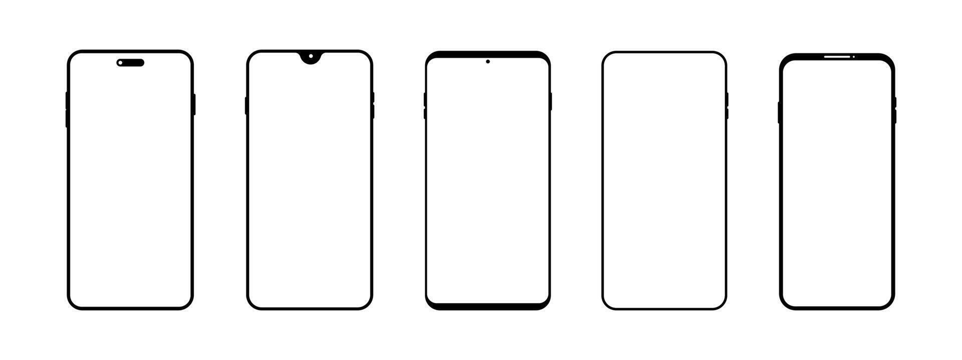 Phone flat front view collection. Smartphone blank screen set. vector