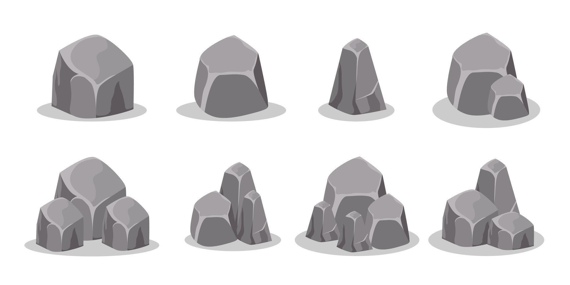 Rock boulder illustration. Rough stone cartoon style. Grey boulders set