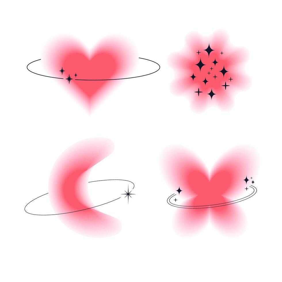 Aura Y2k blurred gragient set unfocused shapes, abstract geometric shapes, star, heart, flower in trendy retro style. Futuristic collection. illustration vector