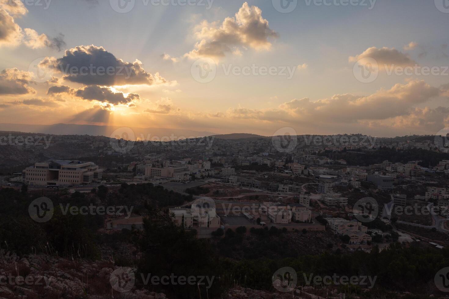 Landscape from the Jumping Mountain in Nazareth. Panoramic view. Sunset. Selective focus photo