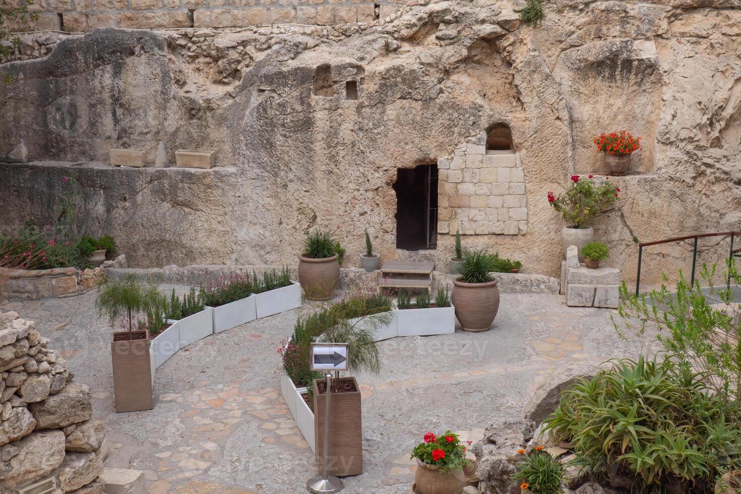The Jesus Christ tomb in the Tomb Garden. Entrance to the Garden Tomb in Jerusalem, Israel. photo