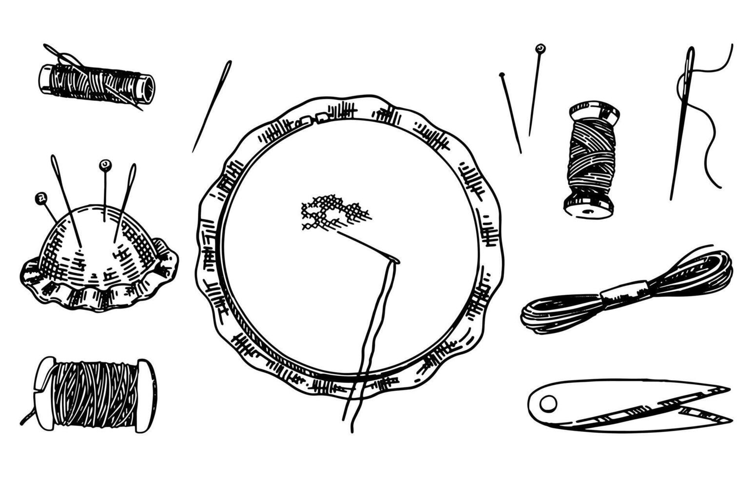 Sketch of embroidery hoop, spools of threads, needles, pincushion, tools for sewing work. Needlecraft doodle set. Outline illustrations collection. vector