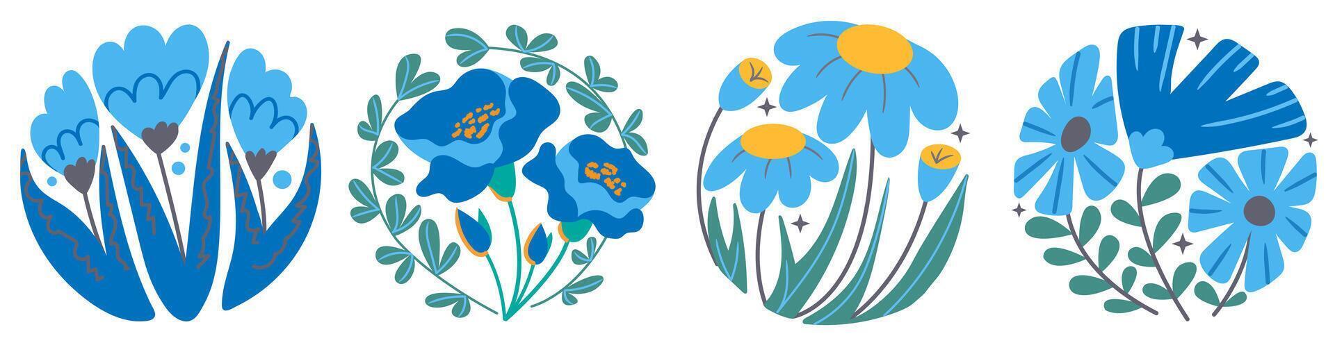 Retro groovy organic circle shape. Modern wavy blue flowers s in trendy naive retro hippie 60s 70s style. illustration vector