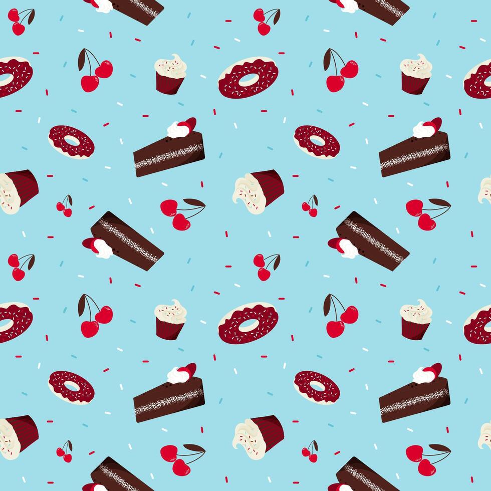Cute seamless pattern with cherry and chocolate taste sweets as cupcakes, donuts and cakes on a blue background. vector