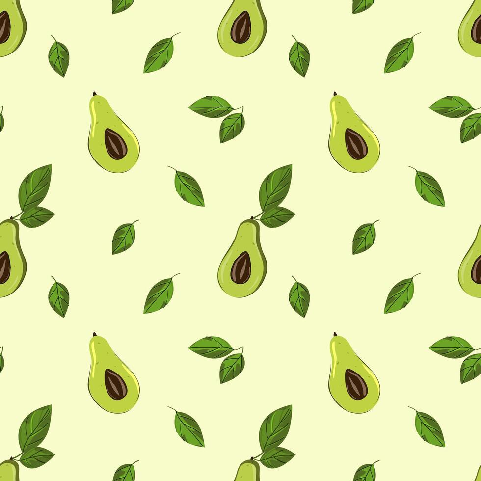 Ripe, juicy avocado cut with leaves, seamless geometric pattern.Hand drawn in doodle style.Design for printing on fabrics, holiday and confectionery packaging, wallpaper, wrapping and scrap vector