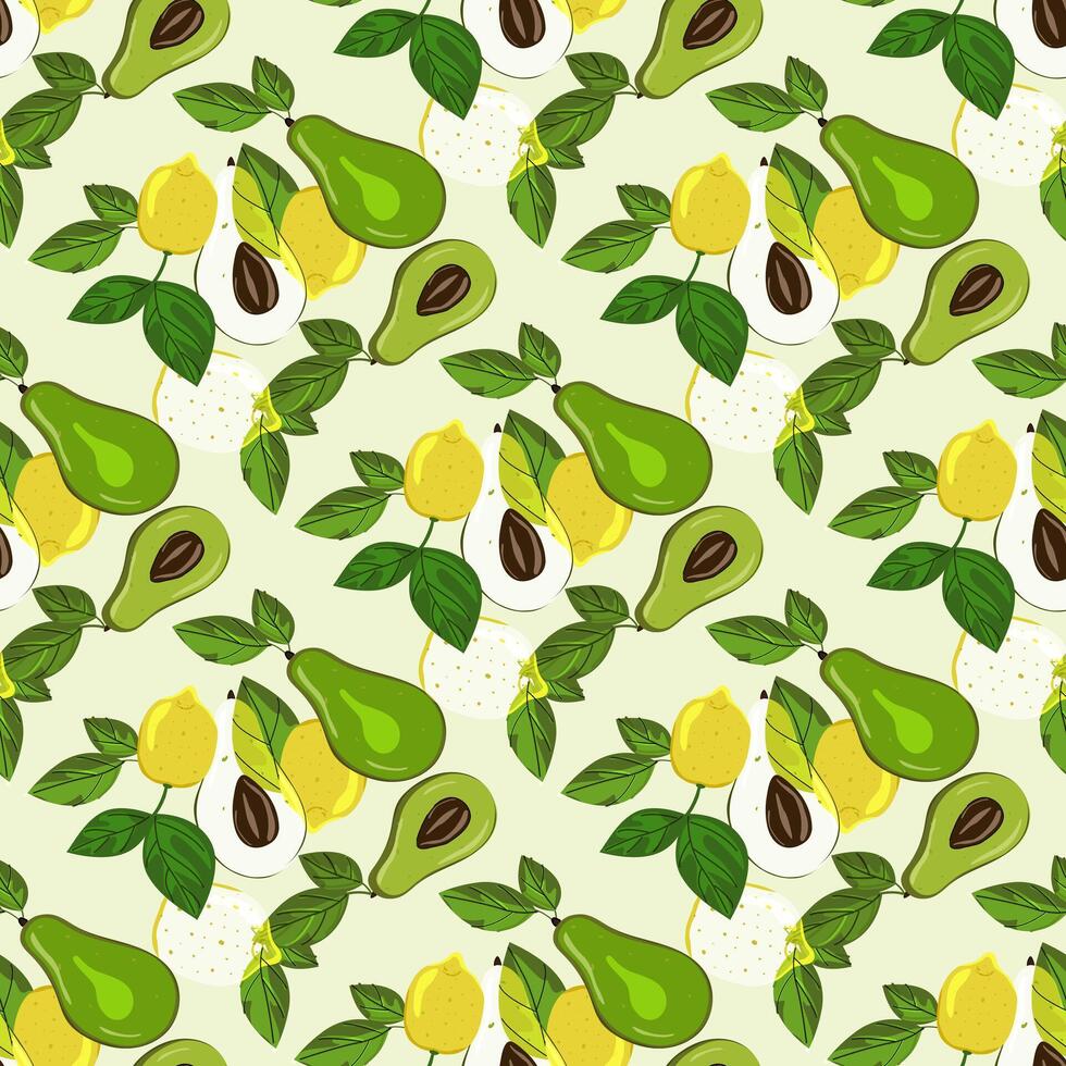 Ripe, juicy avocado and lemon with leaves, seamless geometric pattern. Hand drawn doodle style. Design for printing on fabrics, holiday and confectionery packaging, wallpaper, packaging vector
