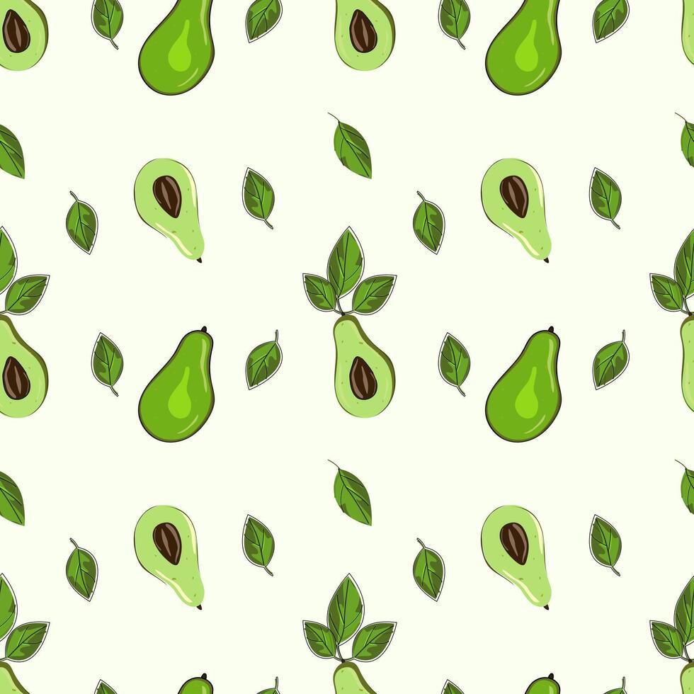 Ripe, juicy avocado cut with leaves, seamless geometric pattern.Hand drawn in doodle style.Design for printing on fabrics, holiday and confectionery packaging, wallpaper, wrapping and scrap vector