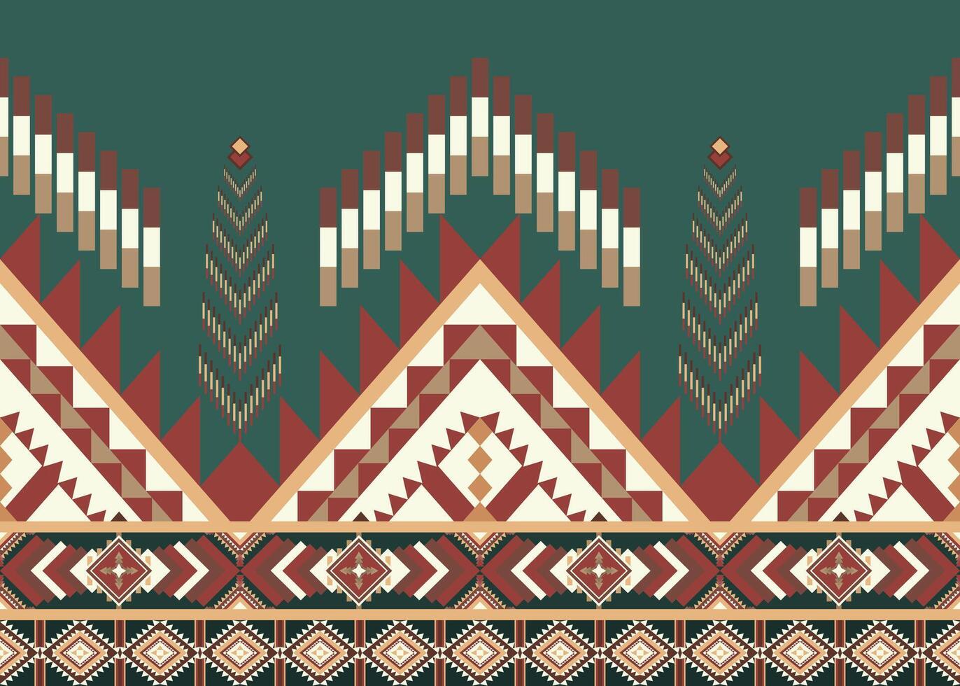 Seamless ethnic pattern on green background. Abstract illustration geometric shapes of squares, triangles, and rectangular, in brown, yellow and red. vector