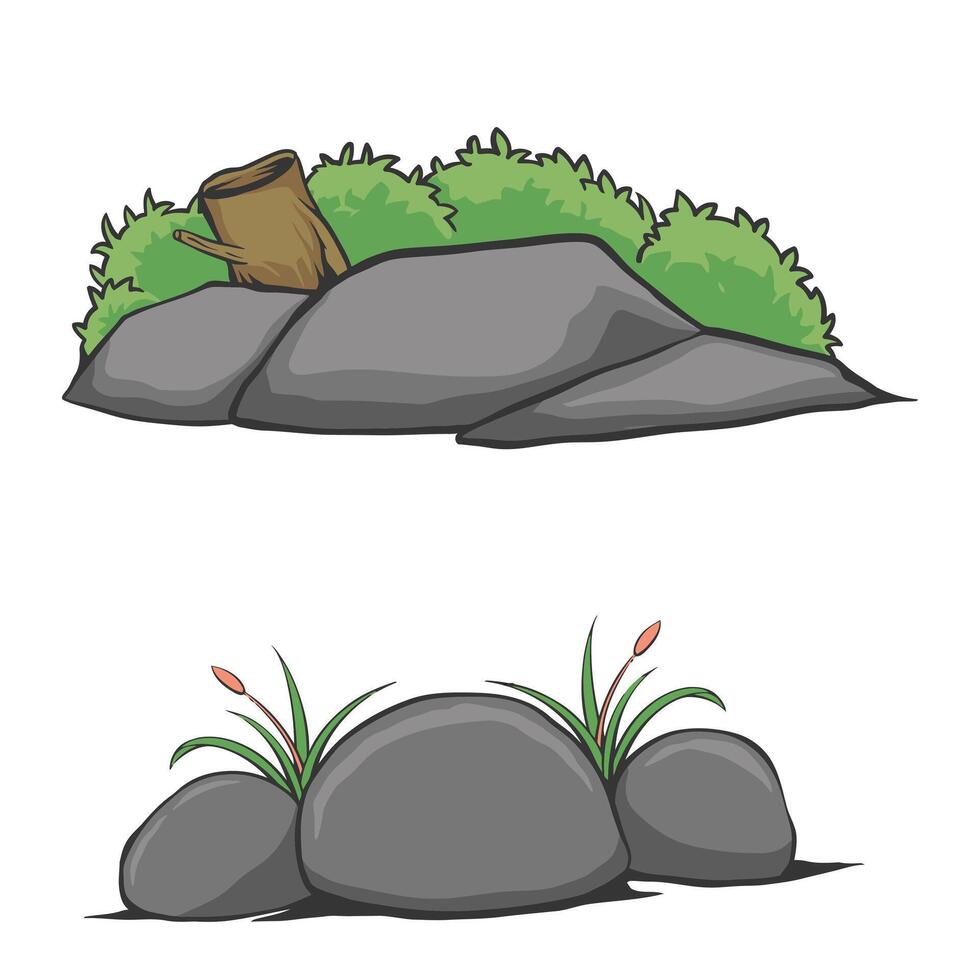 Stone with plant boulders and grass illustration vector