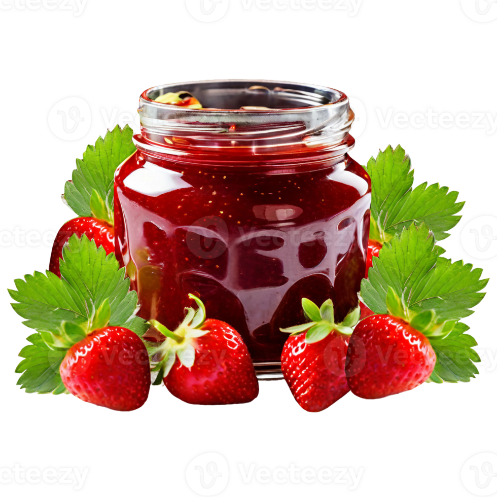 Homemade strawberry jam with whole berries in glass jars png