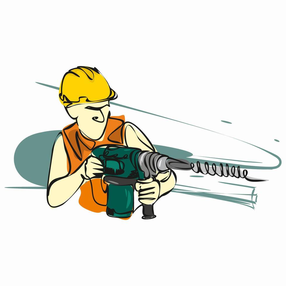 A man builder in a helmet with a drill. Isolated object by hand on a white background vector