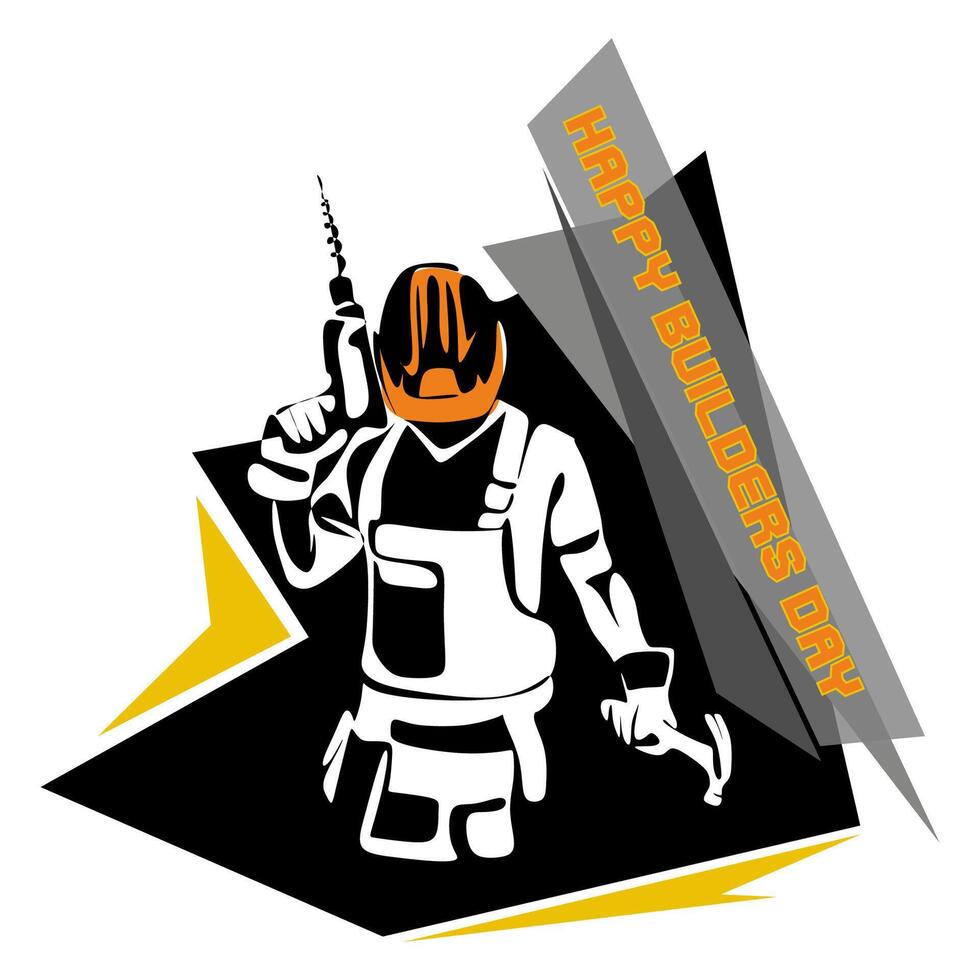 A man builder in a helmet with a drill. Isolated object by hand on a white background vector