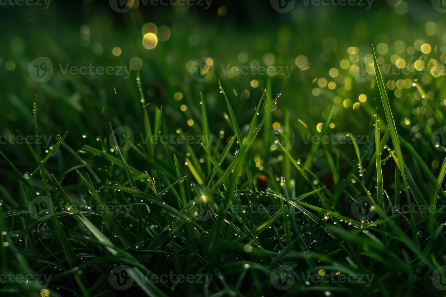 Glowing Dew on Green Grass at Dawn photo