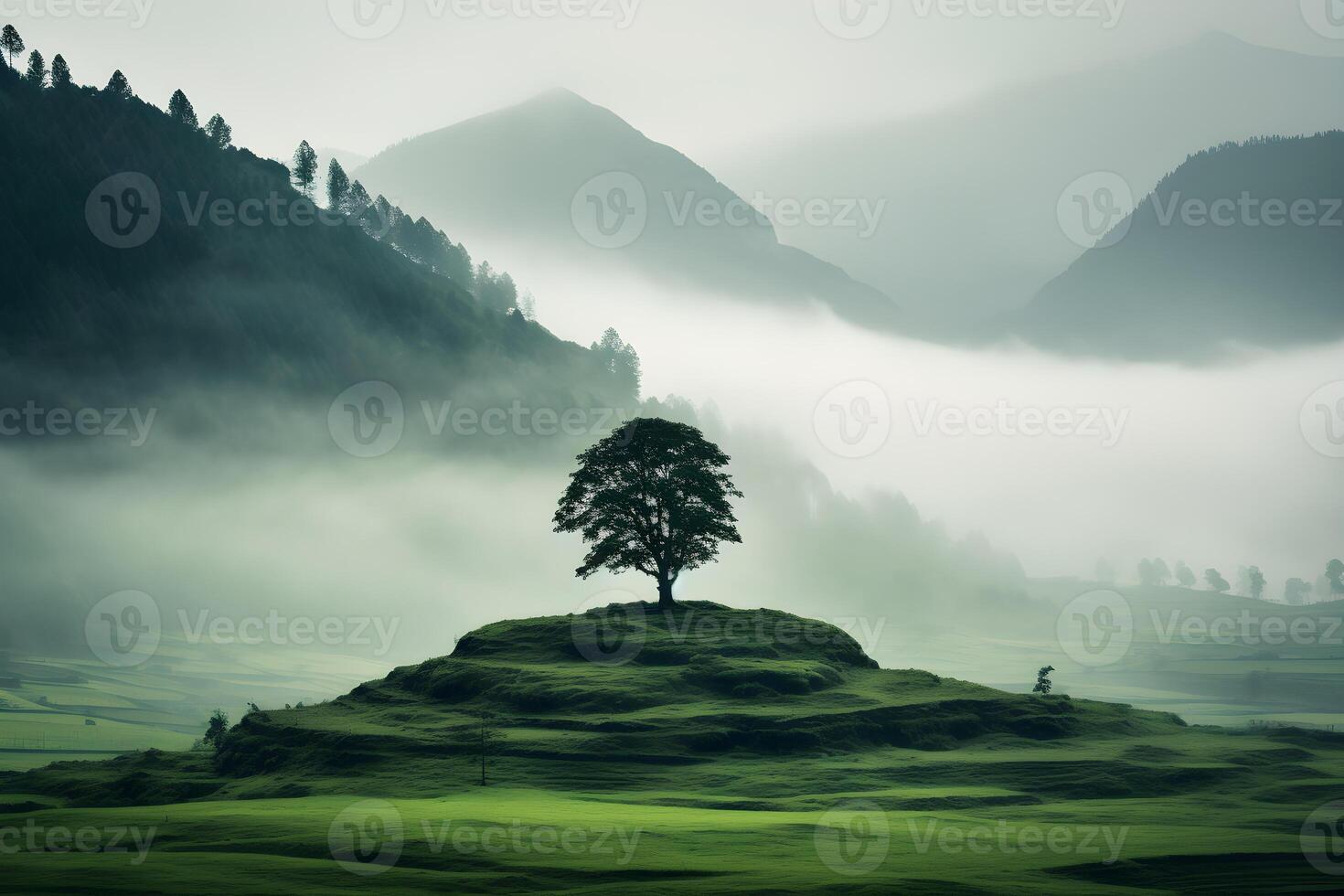 solitario árbol en un verde prado en el montañas. foto