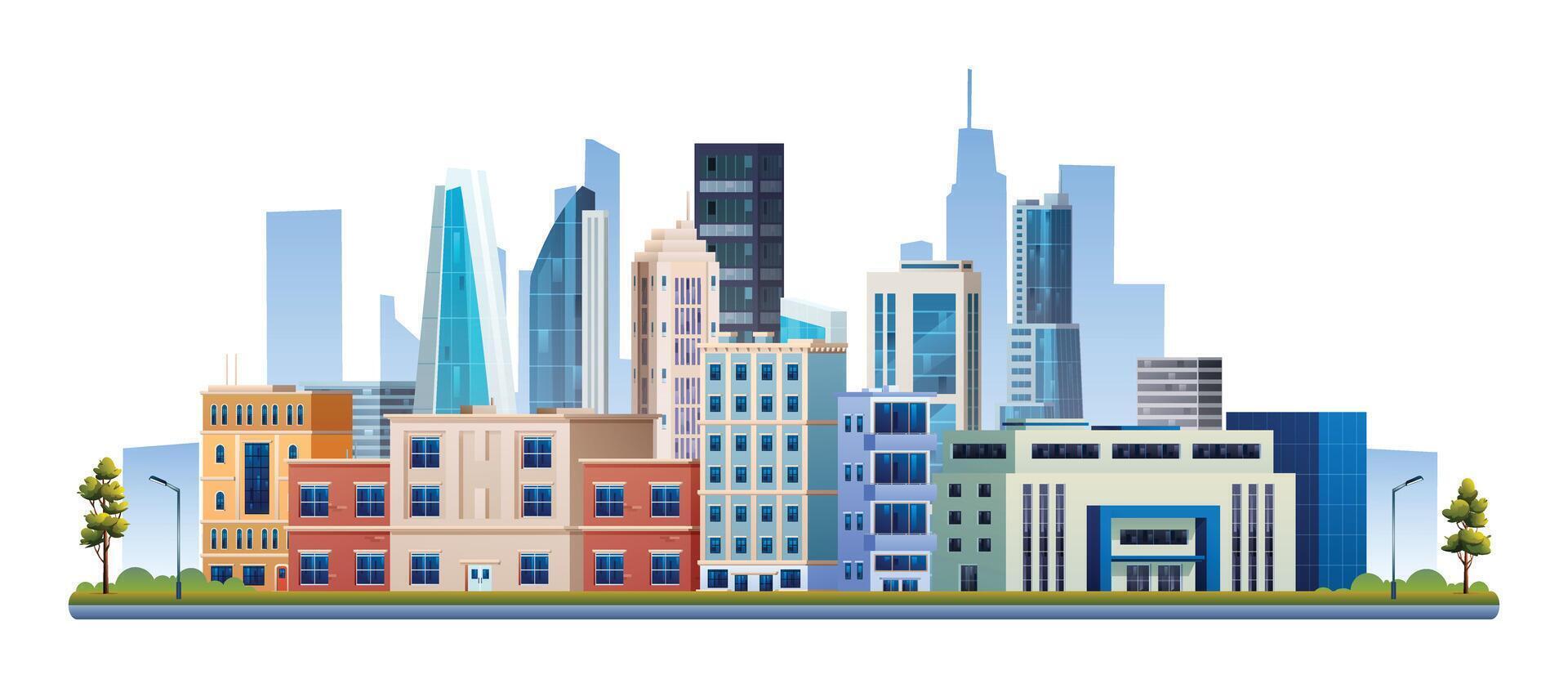 Urban city buildings with trees illustration. Cityscape isolated on white background vector