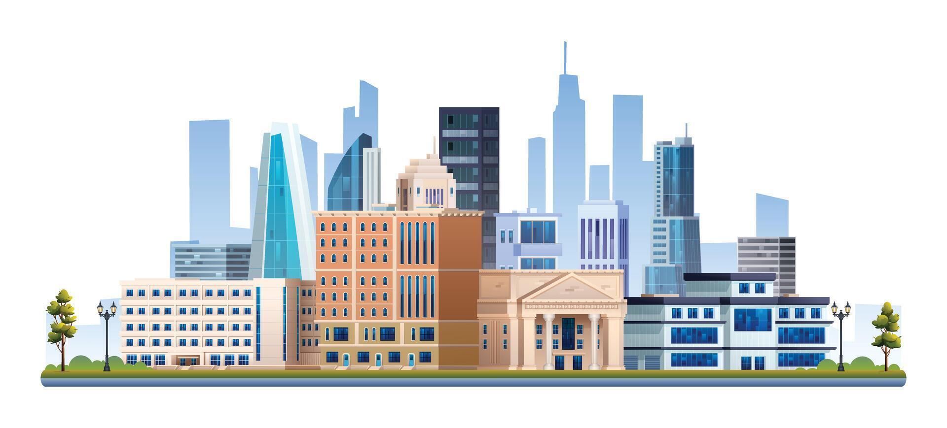 Modern city buildings with trees illustration. Cityscape isolated on white background vector