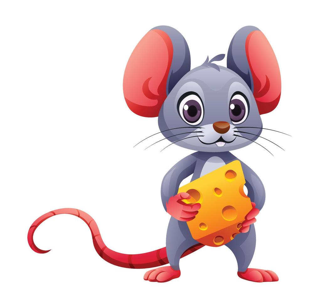Cute mouse holding slice of cheese cartoon illustration isolated on white background vector