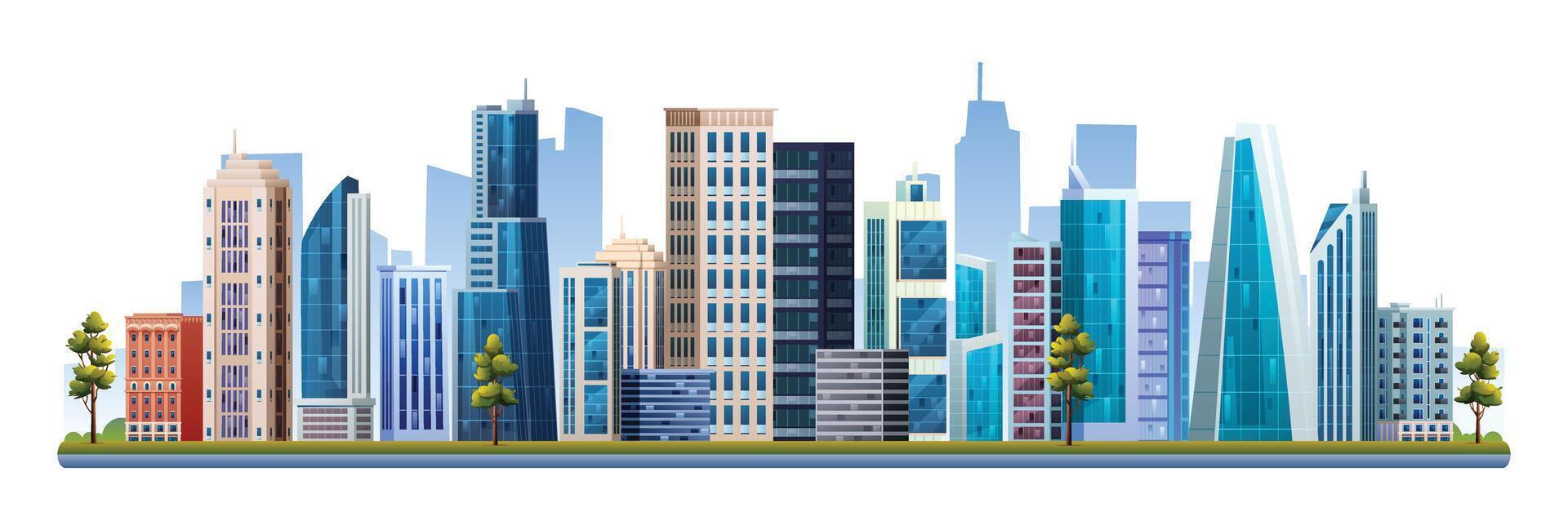 Modern city with skyscraper buildings illustration. Cityscape isolated on white background vector