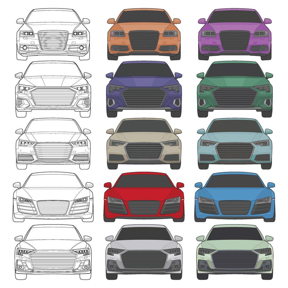 conjunto de frente ver ilustración de aislado realce color coche en blanco fondo, vehículo en un plano dibujos animados estilo vector