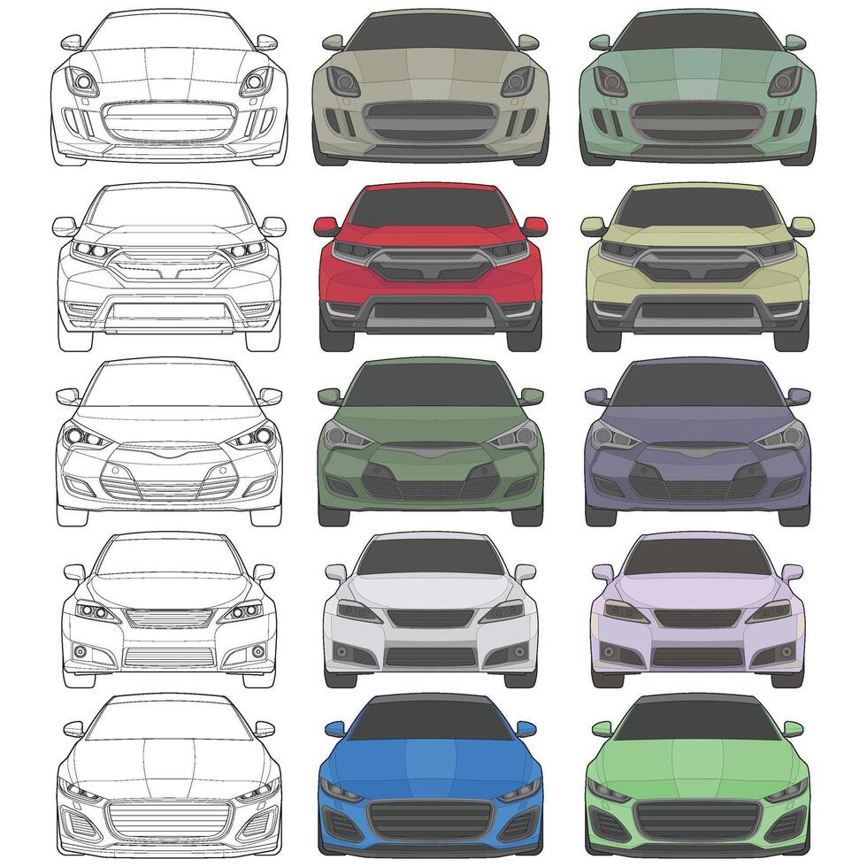 conjunto de frente ver ilustración de aislado realce color coche en blanco fondo, vehículo en un plano dibujos animados estilo vector