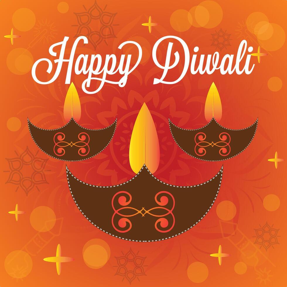 happy diwali festival wishes square banner with diya lamp and light bokeh background vector