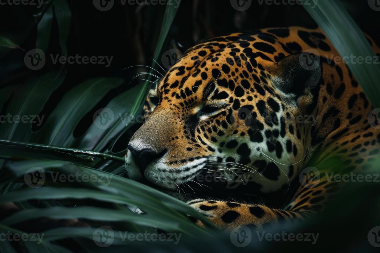 Jaguar Resting Amongst Lush Green Foliage. photo