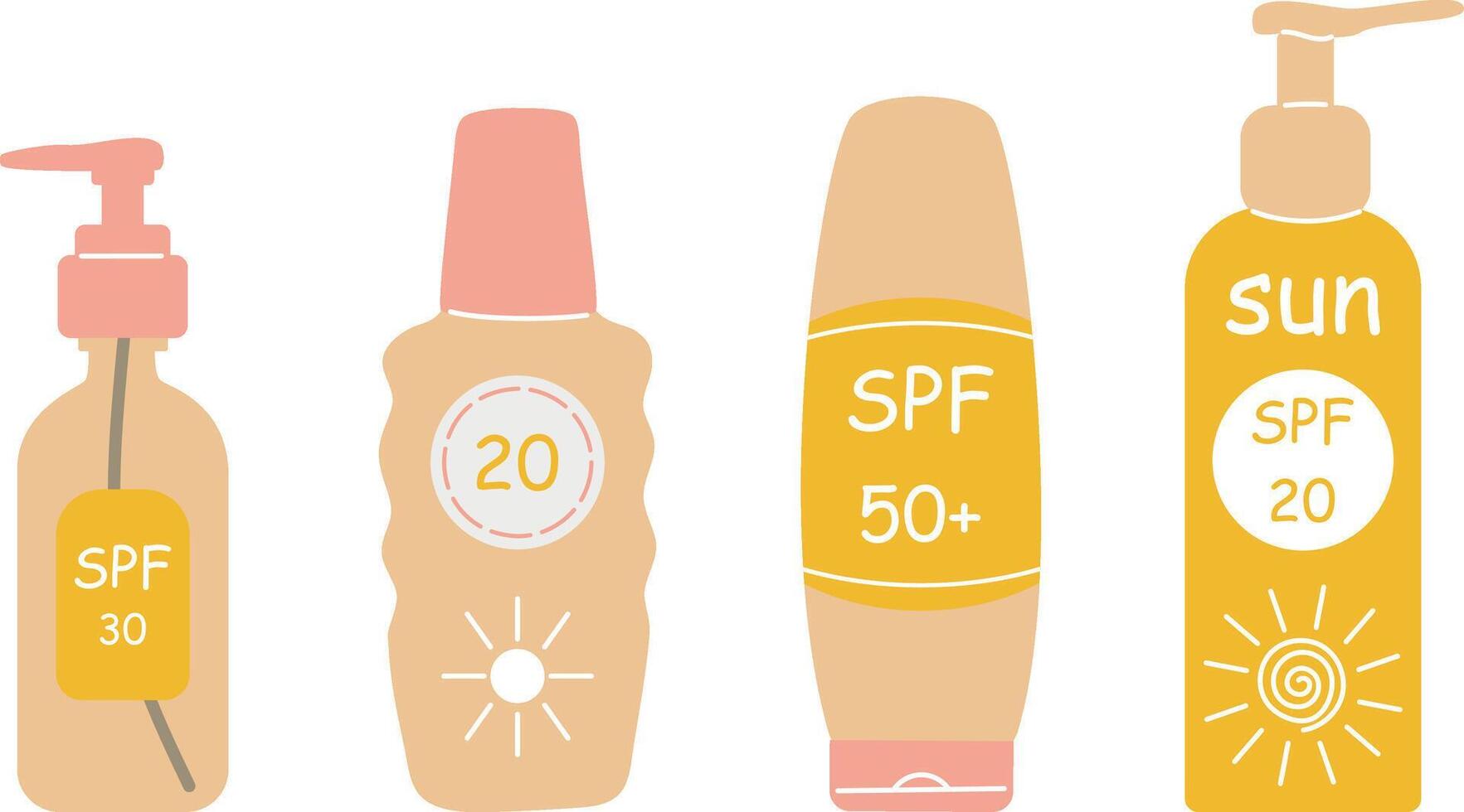 Set of sun protection products, SPF protection and sun safety concept, Summer products SPF lotion, cream, spray, SPF clipart vector